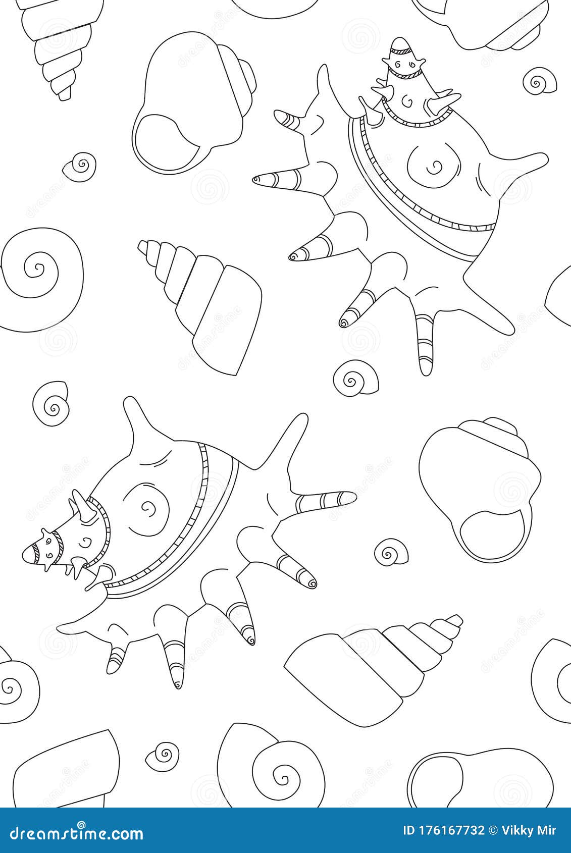 Seamless pattern or coloring page with outline shell and ocean floor on a white background for printing linear vector stock stock vector