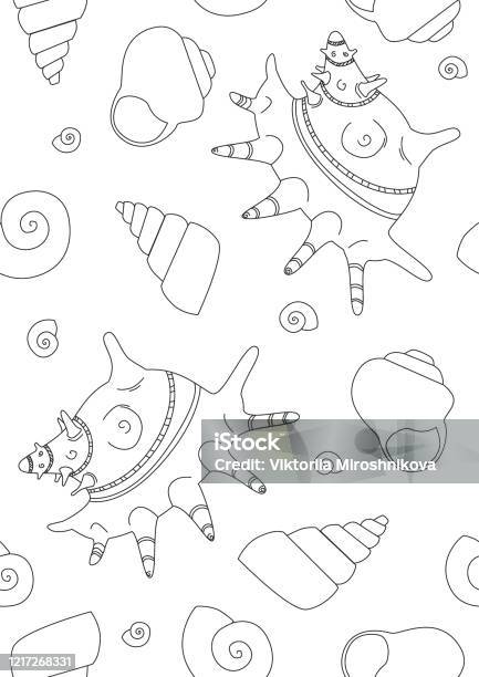 Seamless pattern or coloring page with outline shell and ocean floor on a white background for printing linear vector stock illustration with sea animal shell stock illustration
