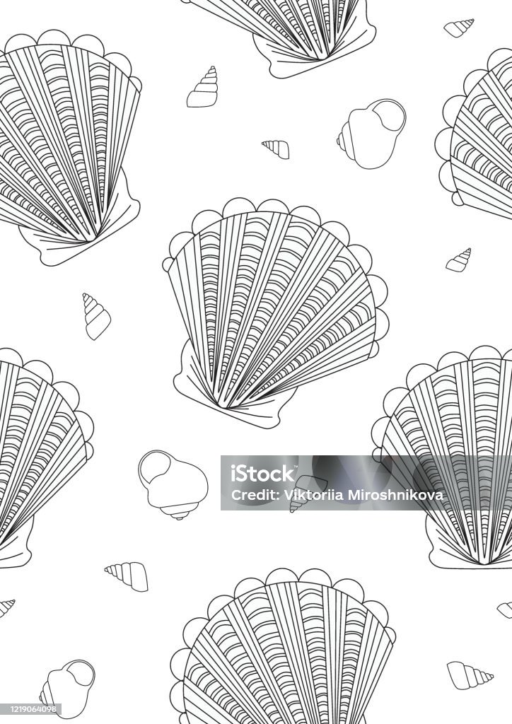 Seamless pattern or coloring page with shells or snail shell a outline vector stock illustration with malus as anti stress therapy for adults or children stock illustration