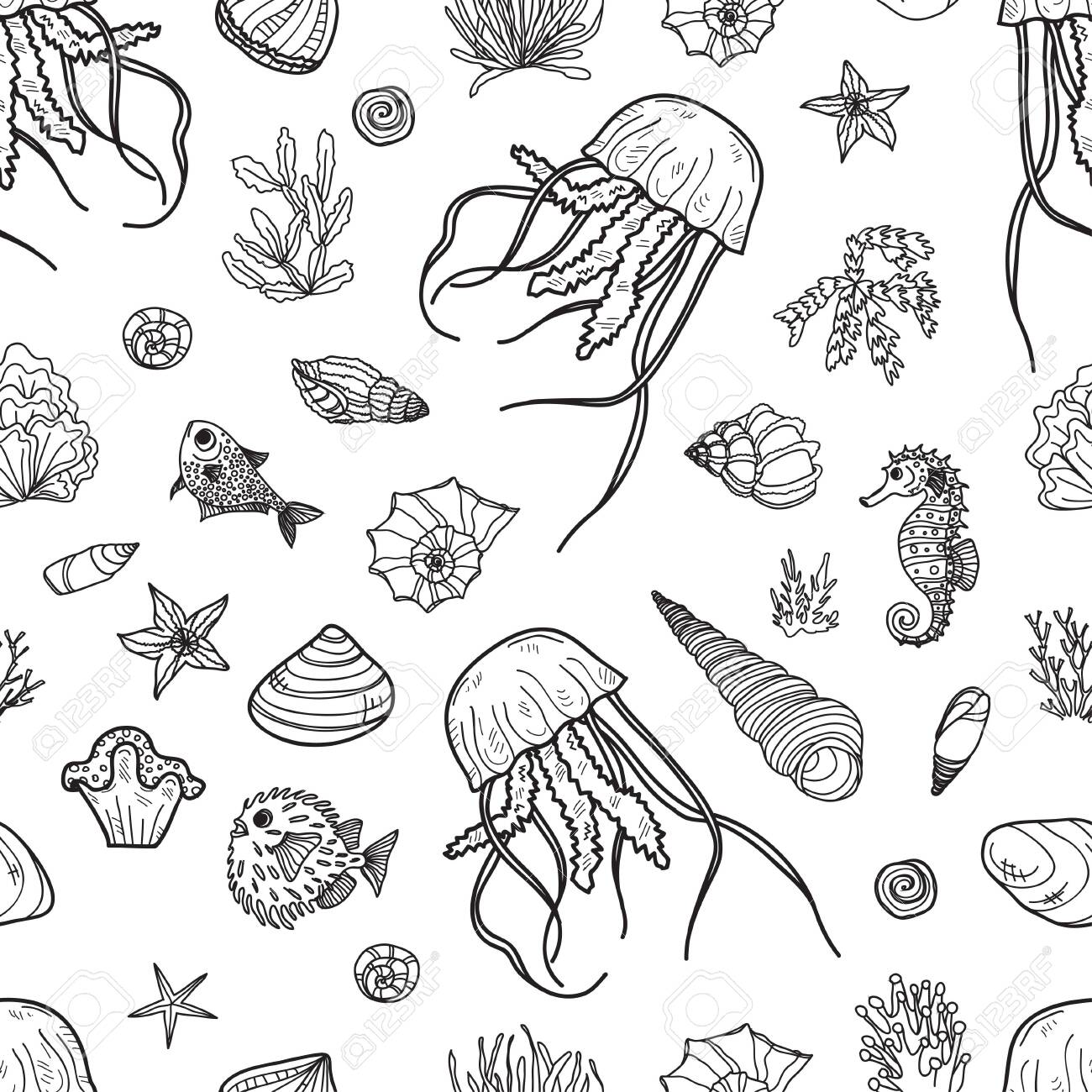 Seamless pattern with cute hand drawn jellyfish fish and shells vector outline background may use as coloring page royalty free svg cliparts vectors and stock illustration image