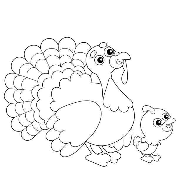 Coloring page outline of cartoon turkey with nestling farm animals coloring book for kids stock illustration