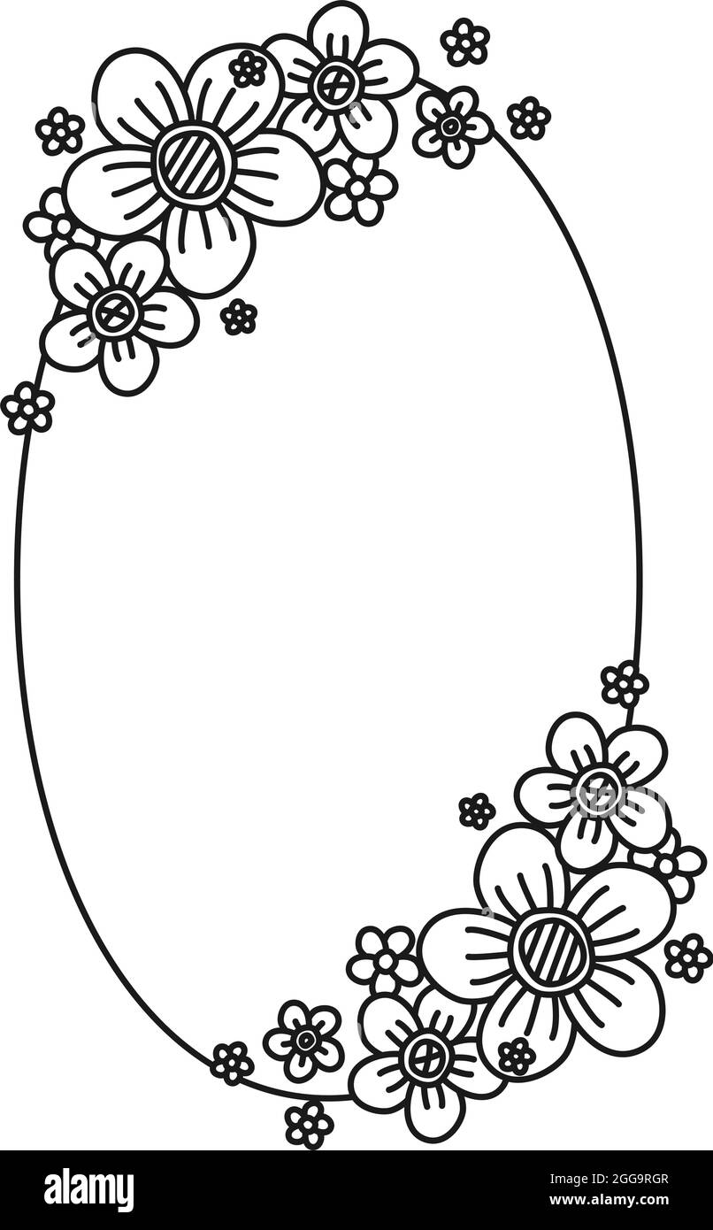 Black and white oval flower frame with copyspace decorative border for handmade gift card coloring book page for adults and kids vector illustratio stock vector image art