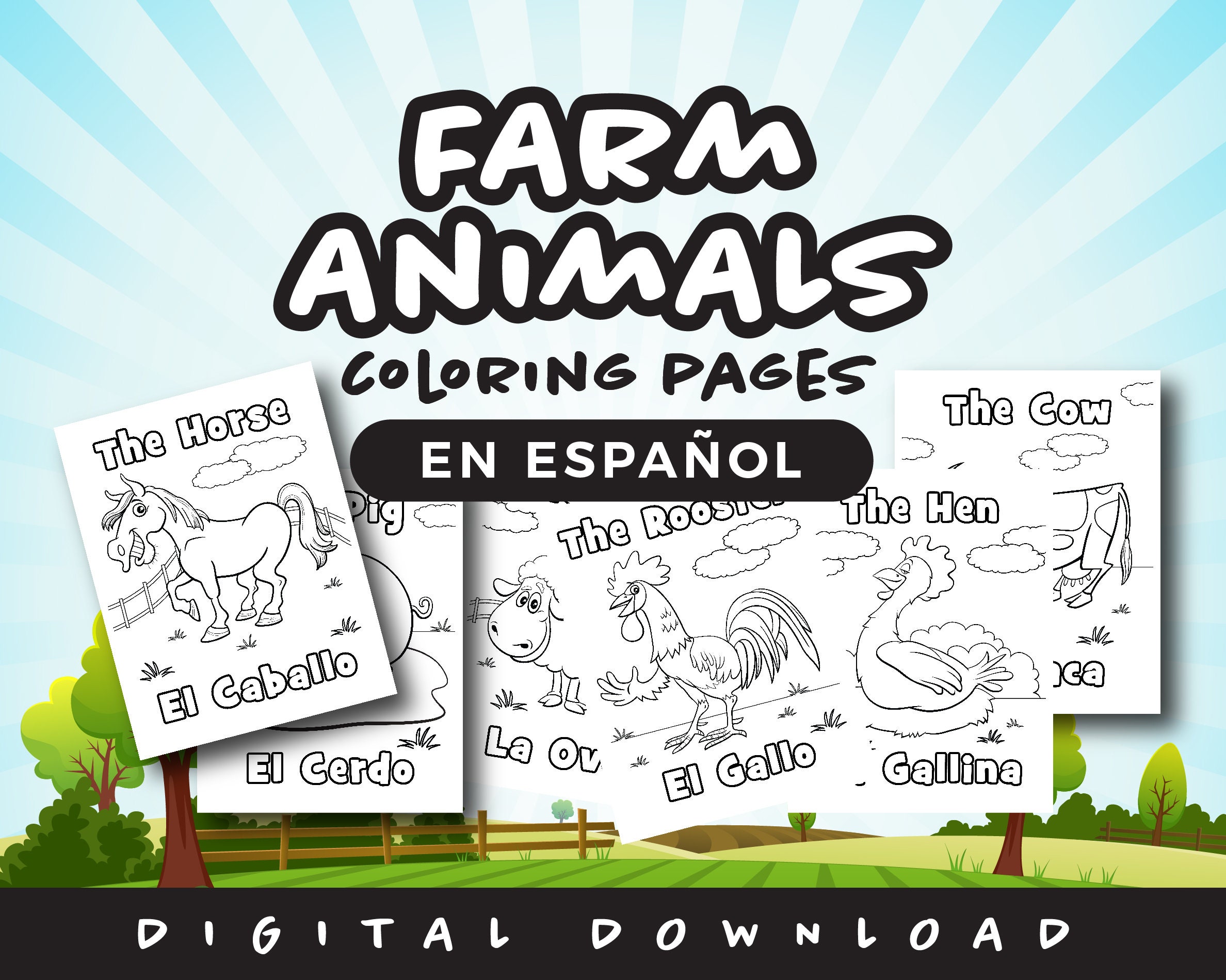Learn spanish with farm animal coloring pages instant download animales de granja paginas bilingue para colorear descarga instantanea