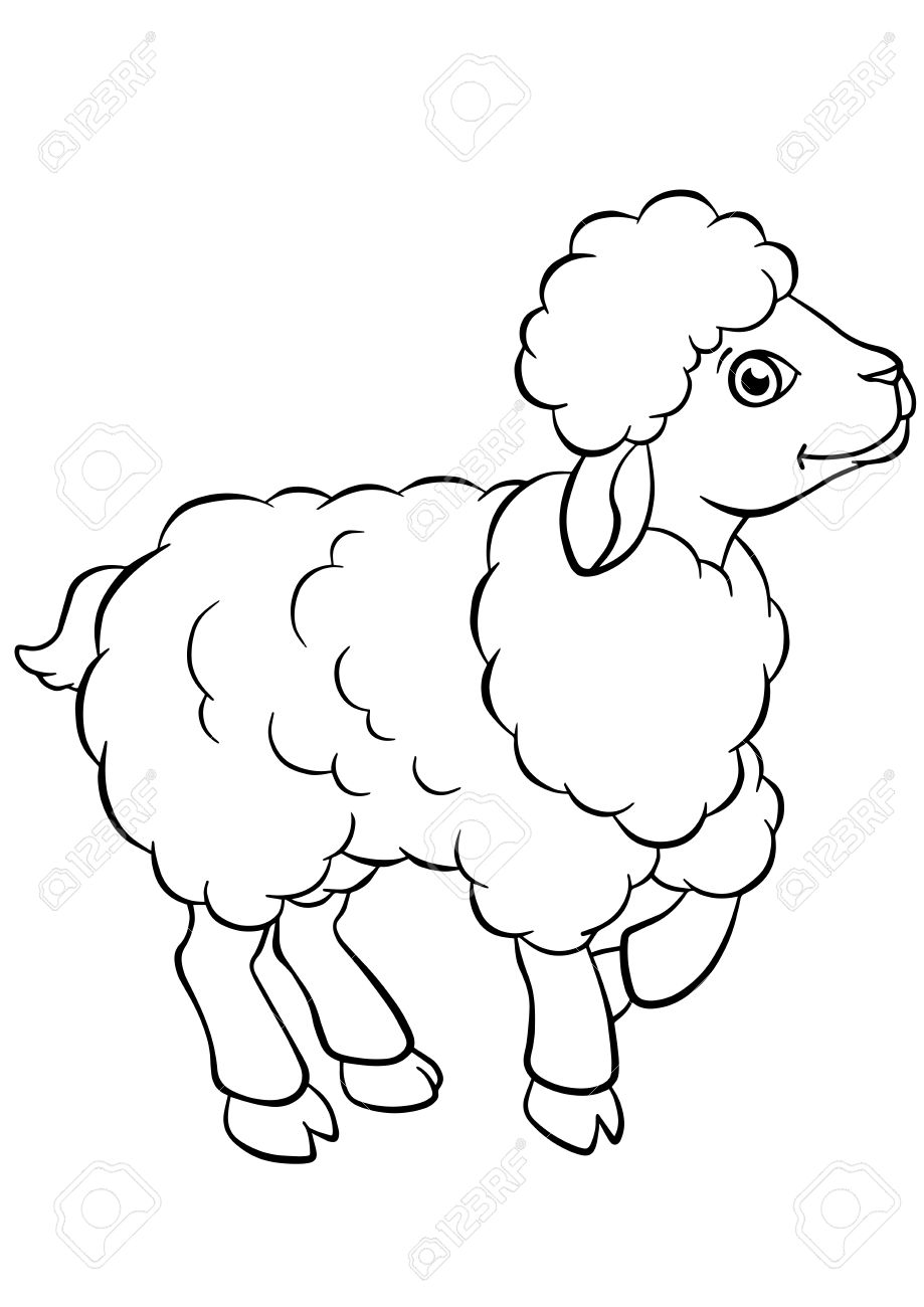 Coloring pages animals little cute sheep stands and smiles royalty free svg cliparts vectors and stock illustration image