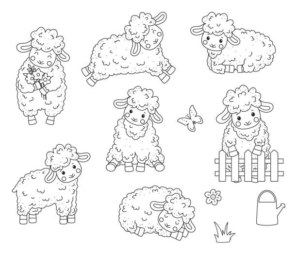 Cute outline doodle sheep jumps hand drawn elements stock illustration