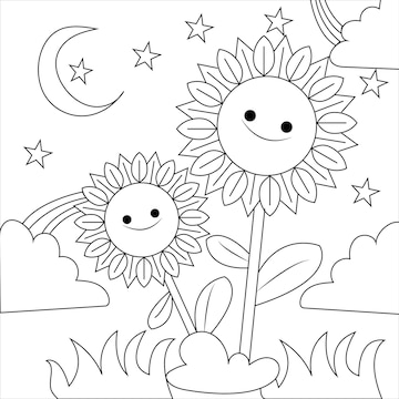 Premium vector black and white coloring page of a sunflower with a rainbow and moon and stars