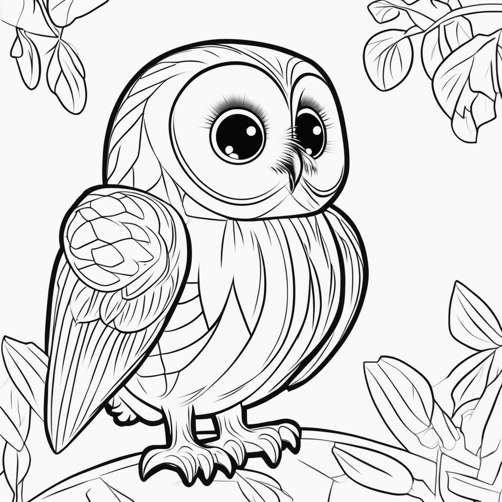 Cartoon owl coloring page for kids to color with moon and night in background