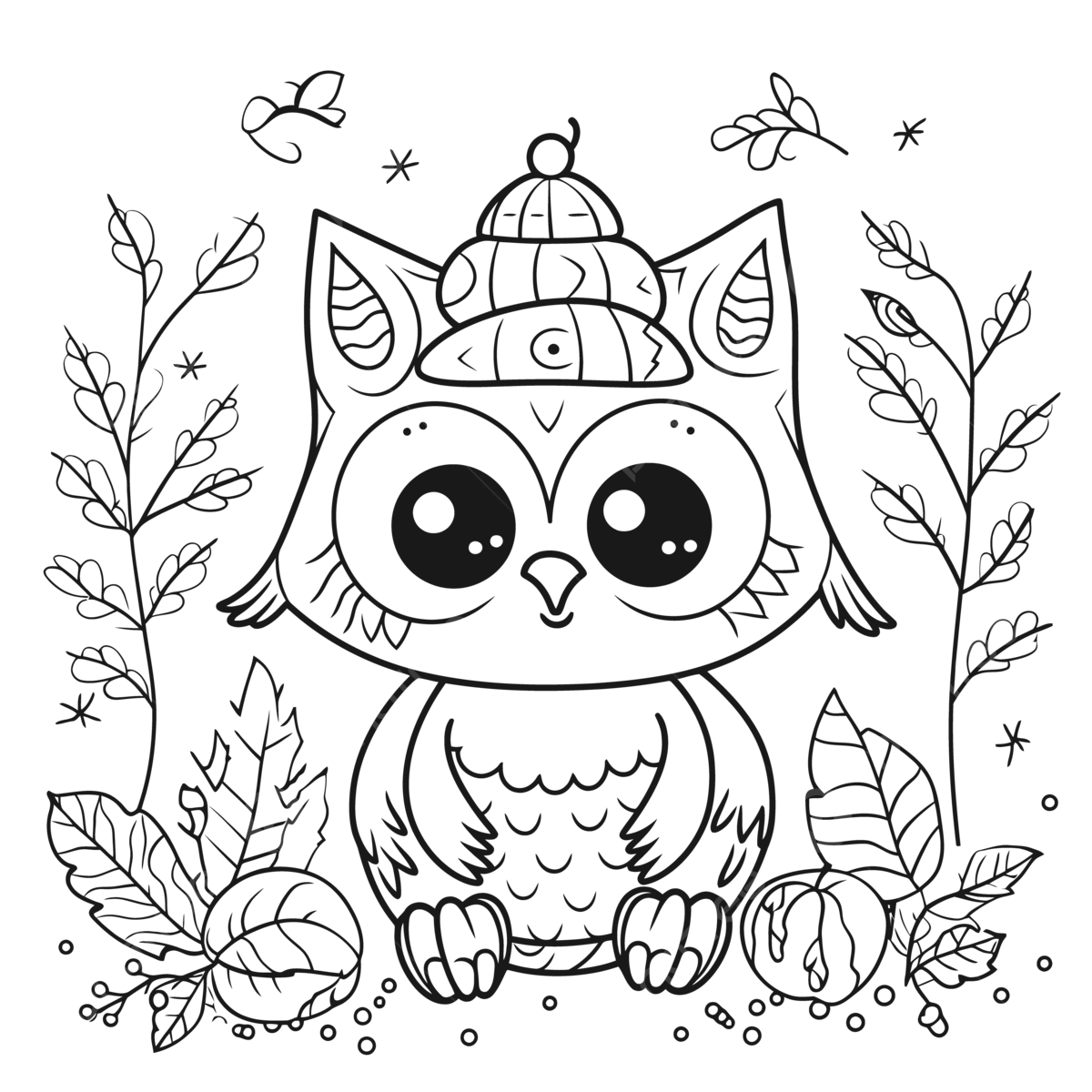 An owl coloring page with leaves and flowers outline sketch drawing vector flower drawing leaves drawing flowers drawing png and vector with transparent background for free download