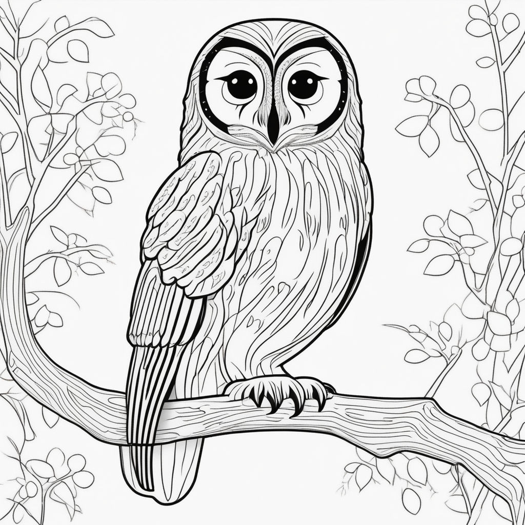Black and white no color outline of a cute owl on a branch to color