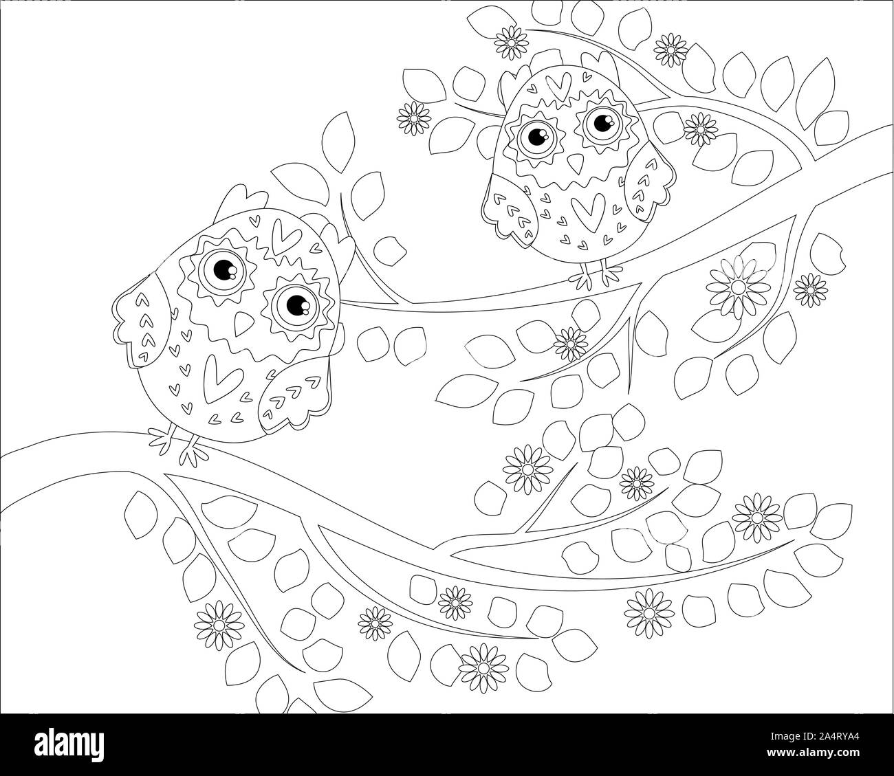 Coloring book for adult and older children coloring page with cute owl and floral frame outline drawing in zentangle style stock photo