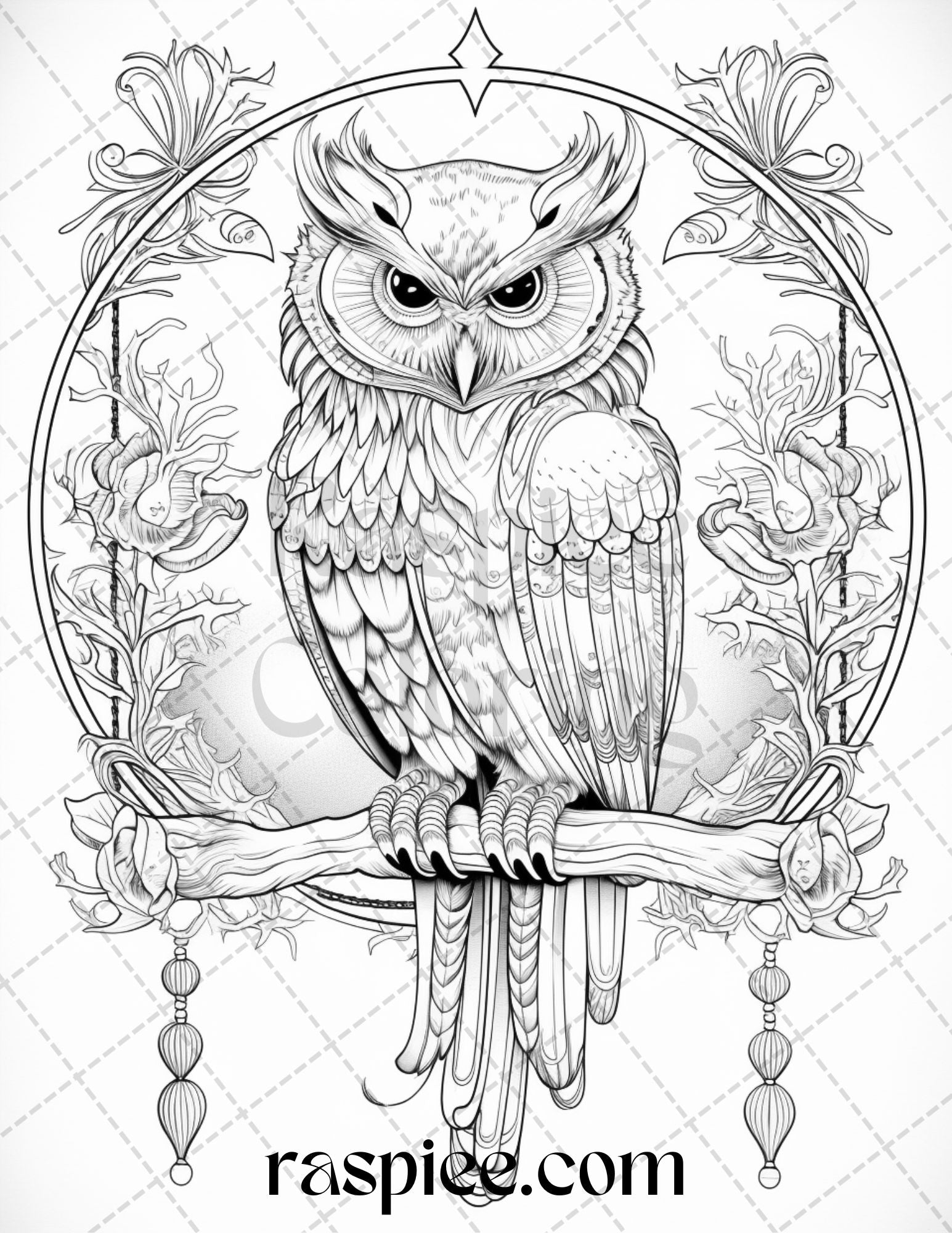 Floral owl grayscale printable coloring pages for adults pdf file â coloring