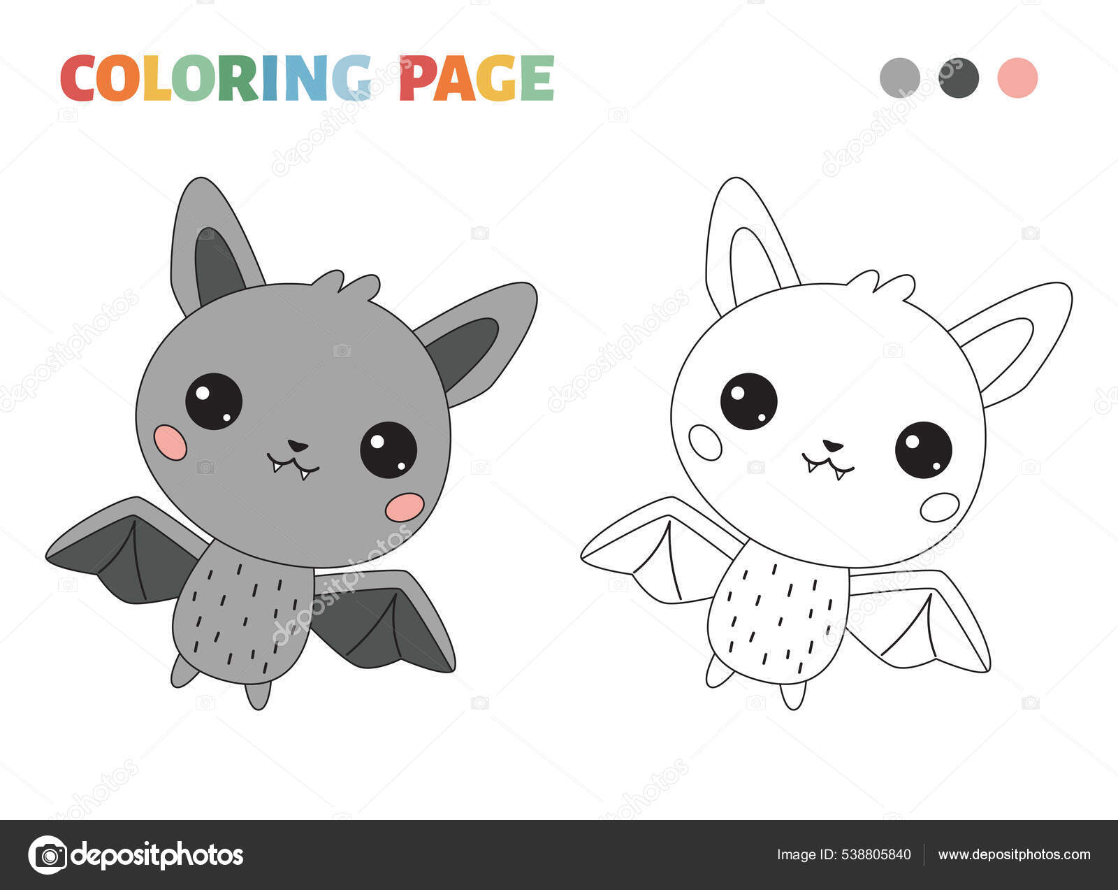 Educational halloween coloring page with cute bat kawaii cartoon animal character black and white outline illustration colouring and colored designs stock vector by kristina
