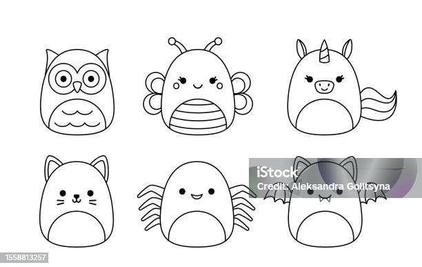 Owl butterfly spider cat unicorn bat squishmallow coloring page vector stock illustration