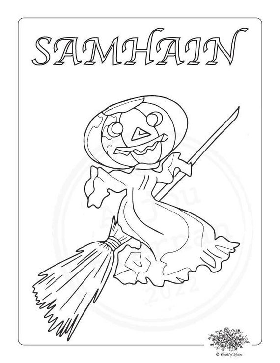 Samhain coloring pages printable pdf digital download for witchy art ravens owls moons brooms cauldrons bats cats halloween