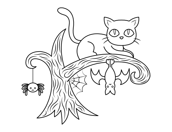 Printable bat cat and spider coloring page