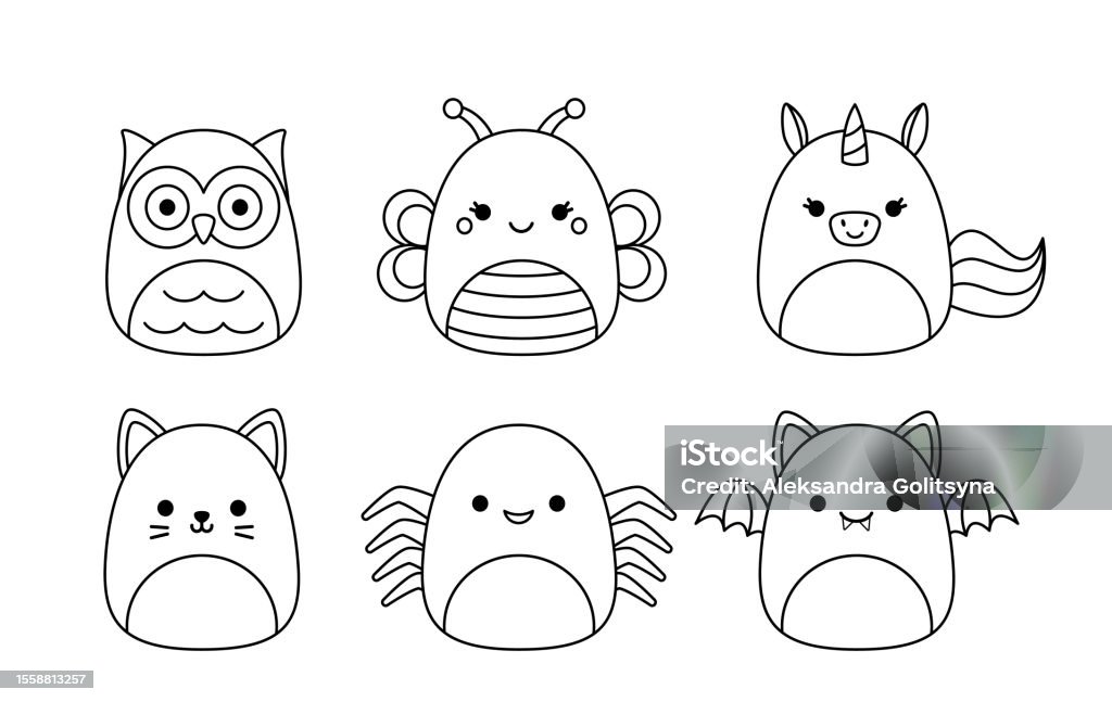Owl butterfly spider cat unicorn bat squishmallow coloring page vector stock illustration