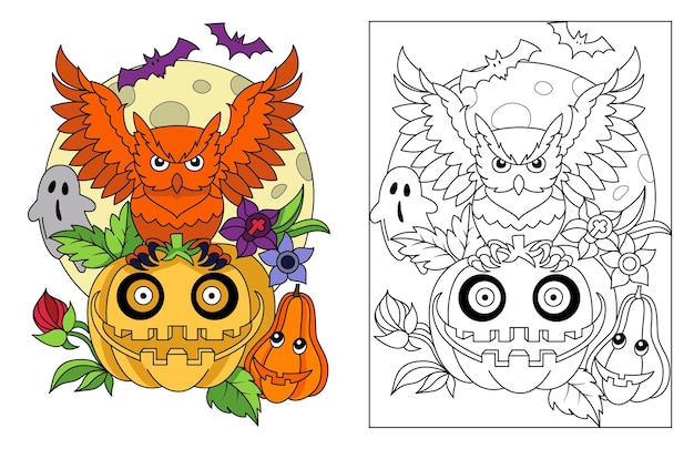 Premium vector owl on the pumpkin scary bat flying moon on the background halloween coloring page illustration