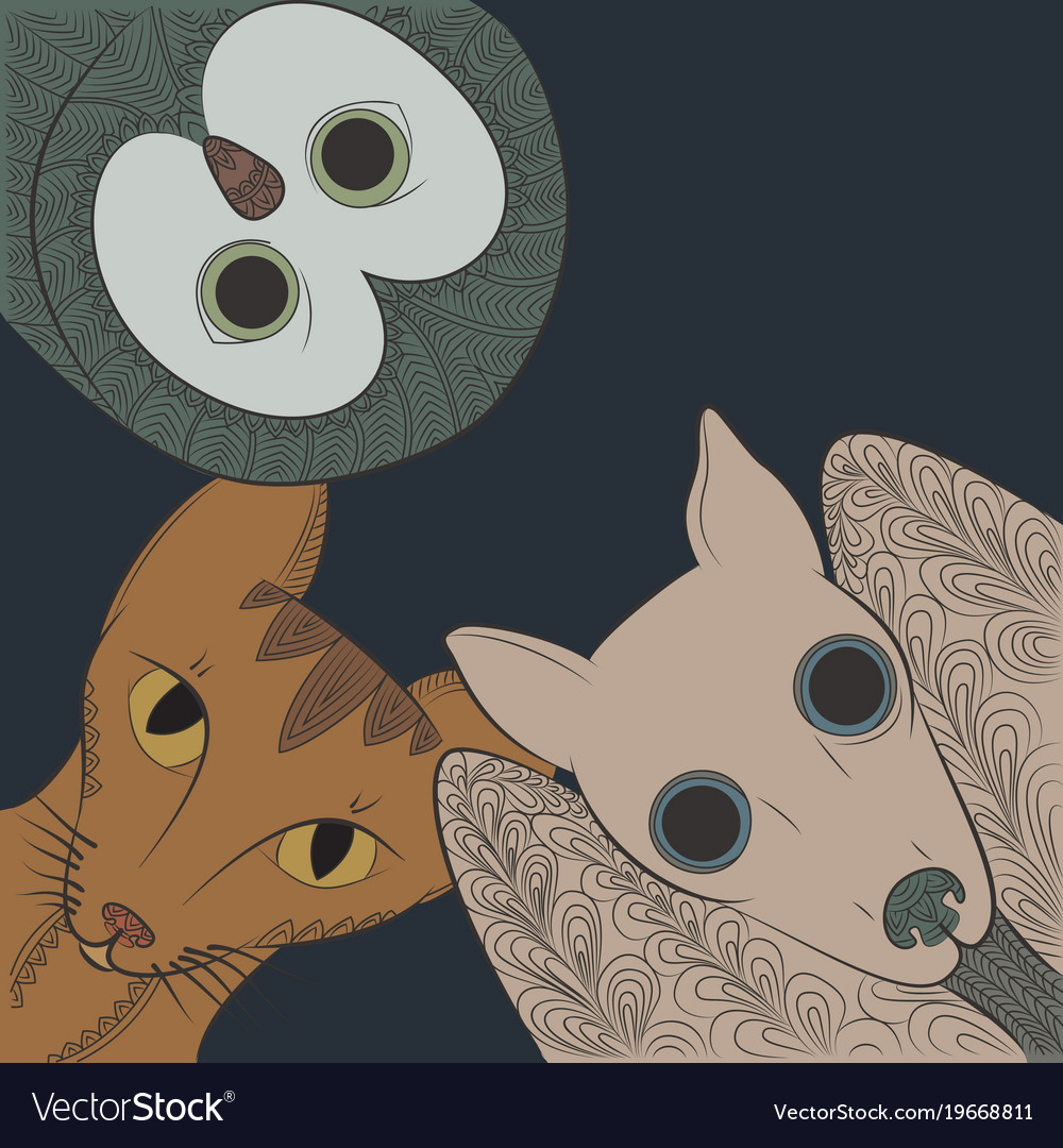 Doodle bat cat and owl head night animals tangle vector image
