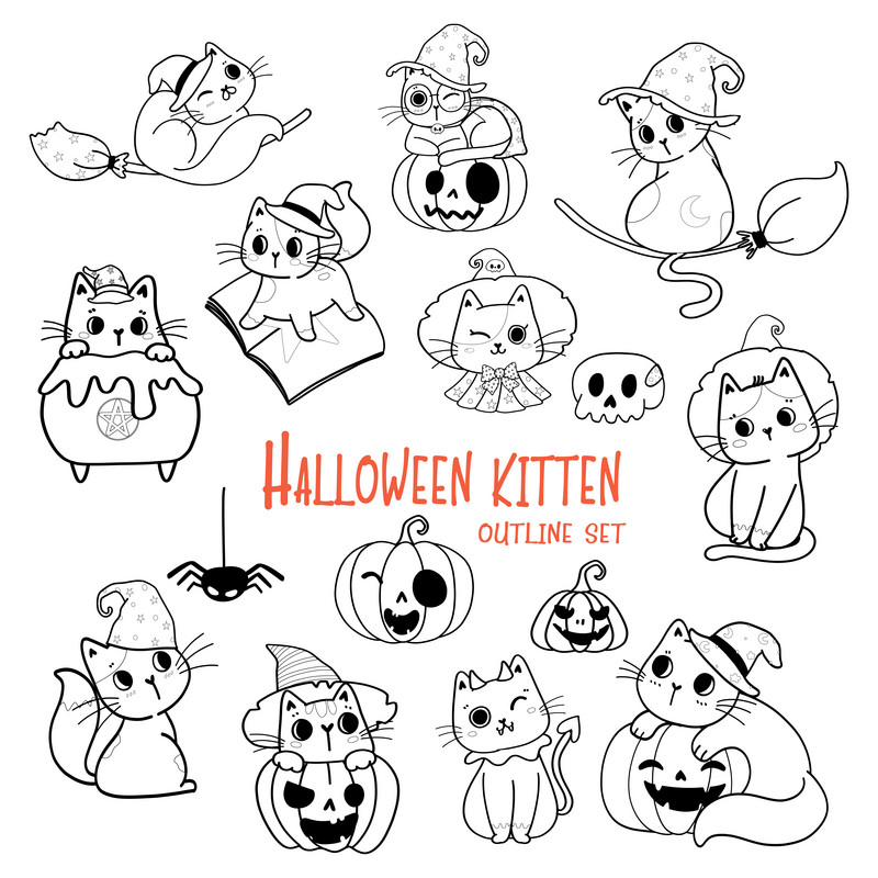 Cute halloween cat cartoon outline doodle set vector for colouring book png images eps free download