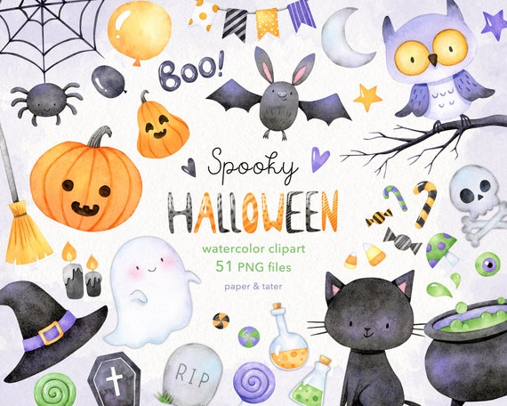 Watercolor spooky halloween clipart jack o lantern black cat bat skull owl spider web witch hat cauldron water color clip art png