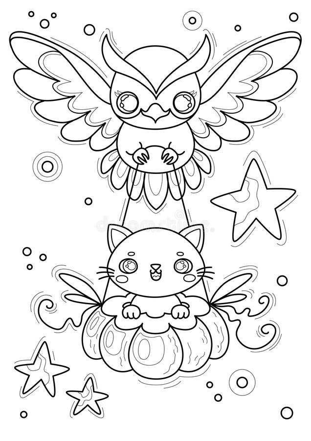 Coloring page with cat and owl vector illustration stock vector