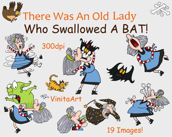 Halloween clipart there was an old lady who swallowed a bat storybook clipart digital download printable coloring pages