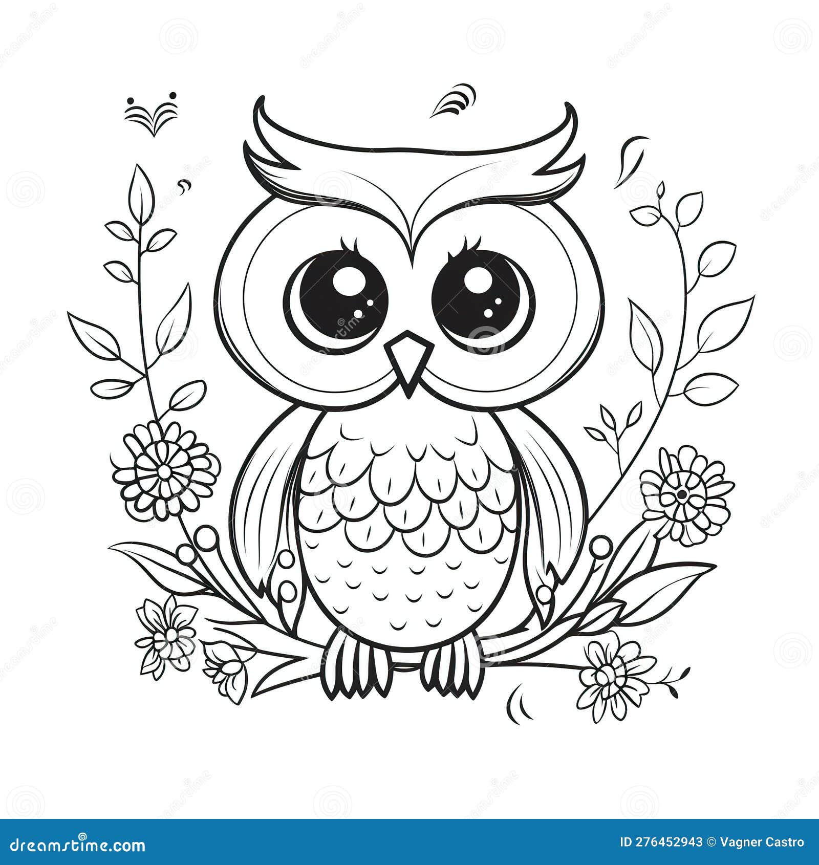 Kids coloring page of a happy owl with flowers that is blank and downloadable for them to plete stock illustration