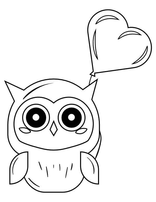 Printable owl with heart balloon coloring page