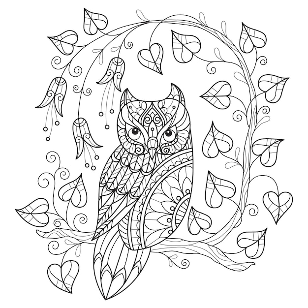Premium vector owl and heart leaf hand drawn for adult coloring book