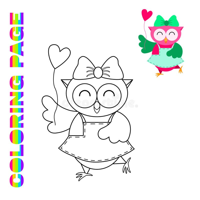Cartoon owl with heart coloring page for kids stock vector