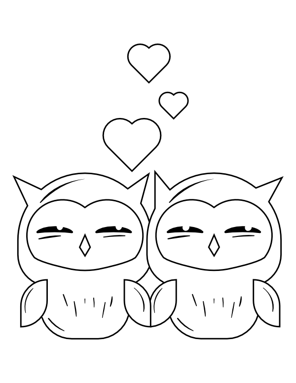 Printable owl couple with hearts coloring page