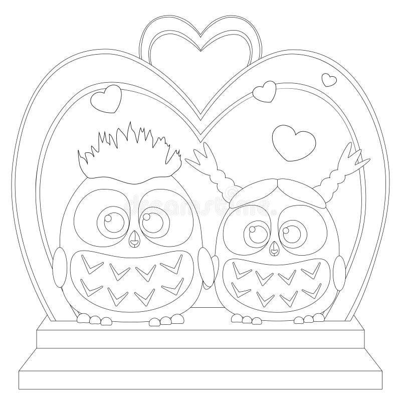 Cute baby owl in love black and white wedding poster heart arc stair stock vector