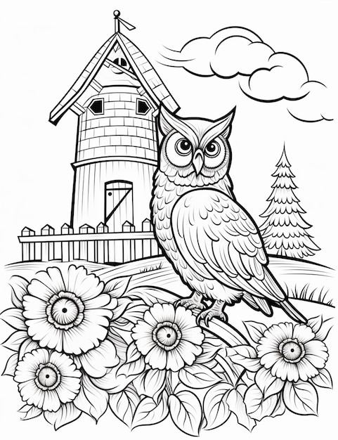 Premium ai image a coloring page with an owl sitting on a branch next to a house generative ai