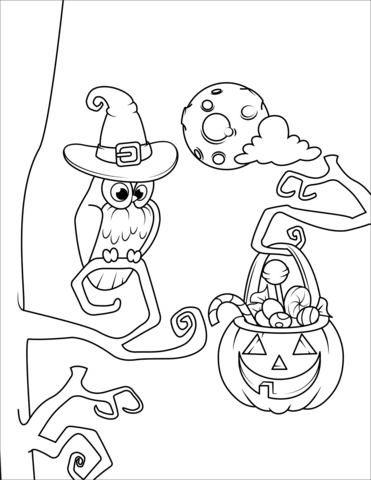 Halloween owl and jack olanterns with candies coloring page free printable coloring pages
