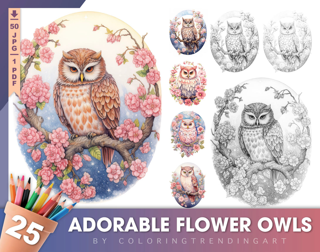 Adorable flower owls grayscale coloring pages for adults kids â trending coloring