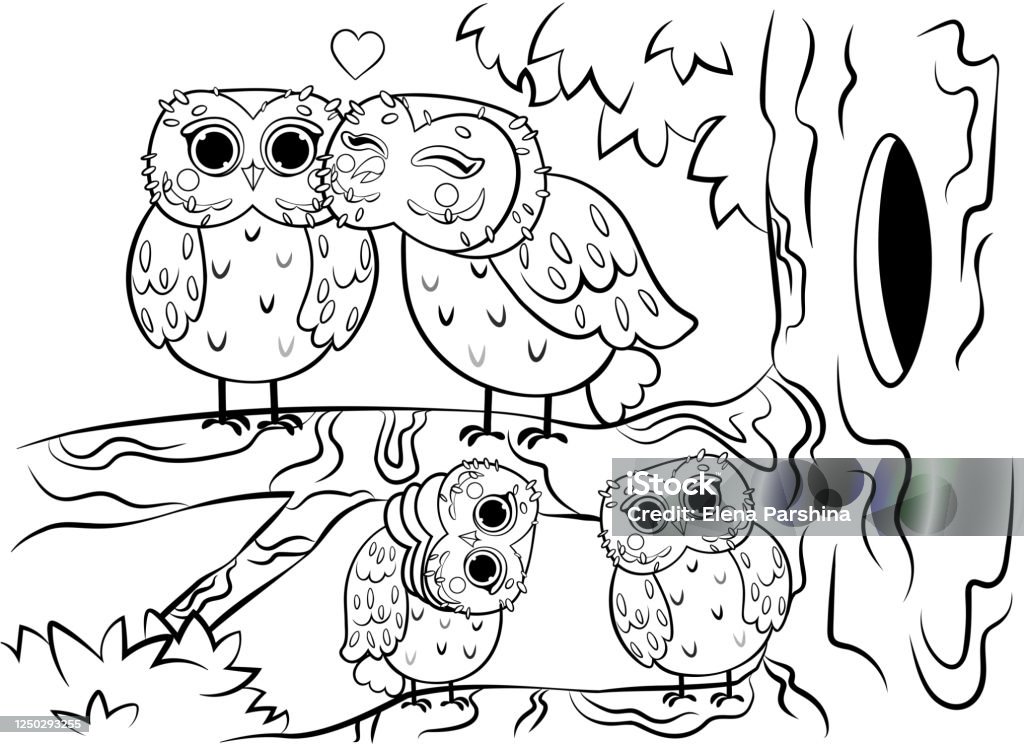 Printable coloring page outline of cute cartoon owl family sitting on tree near the hollow vector image coloring book of forest wild animals for kids stock illustration
