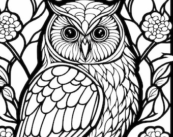 Owl stained glass window printable adult coloring page from