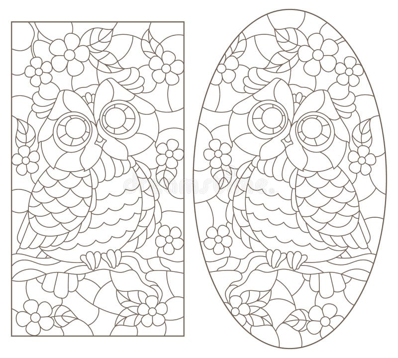 Contour set with illustrations of stained glass windows with cute cartoon owls on tree branches dark outlines on a white backgrou stock vector