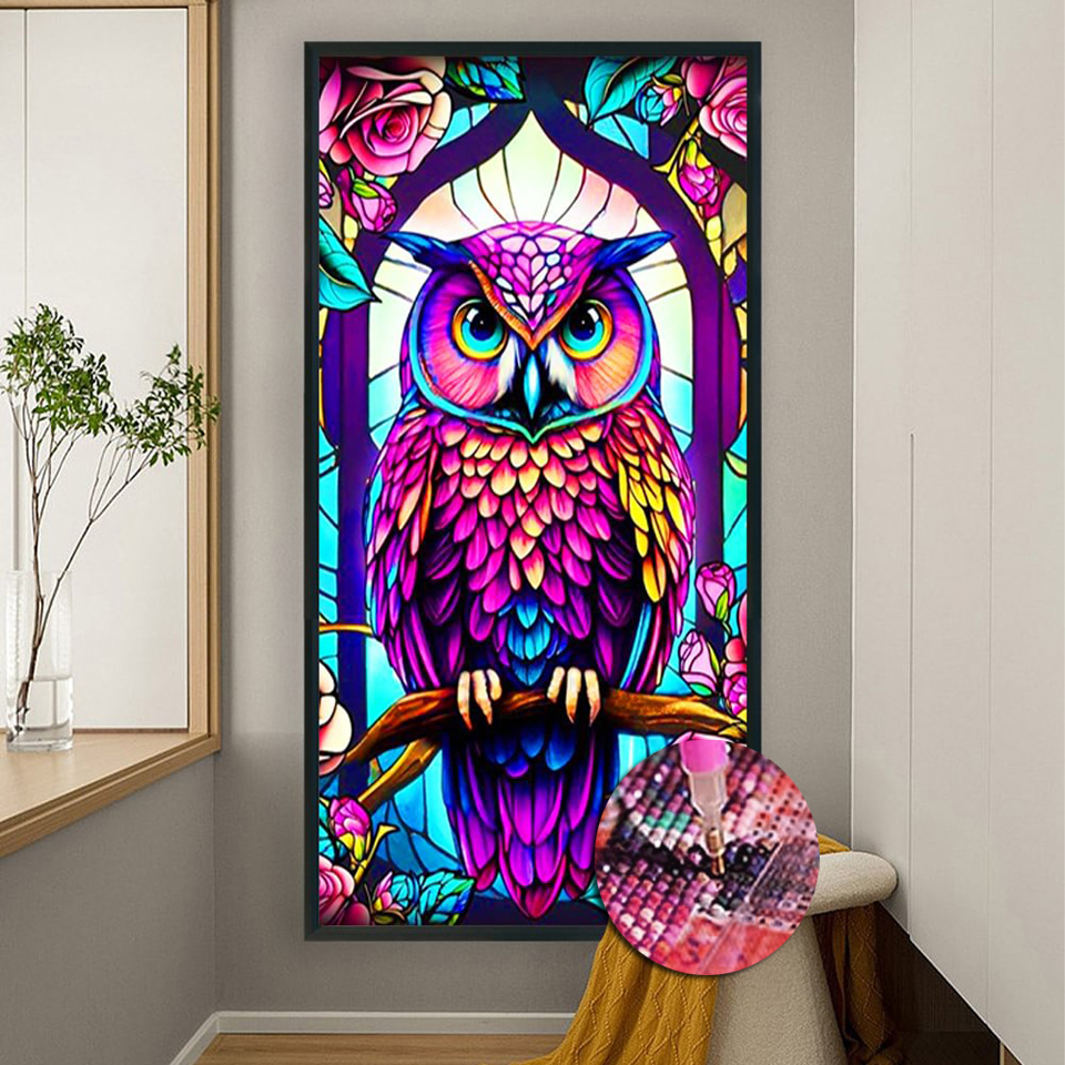 Tained gla owl d diy diamond painting ea colorful bird cro titch kit full drill embroidery moaic art picture decor