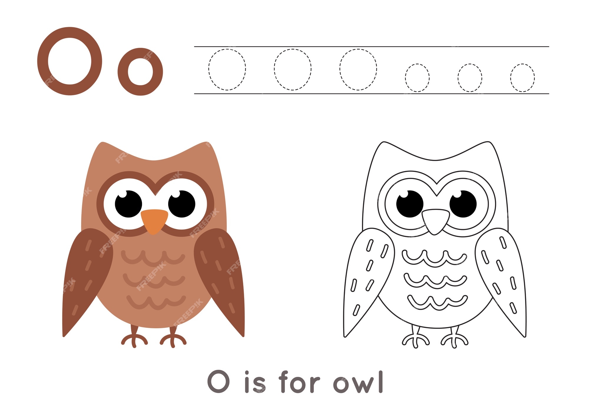 Premium vector coloring page with cute cartoon owl alphabet tracing worksheet with letter o handwriting practice for kids