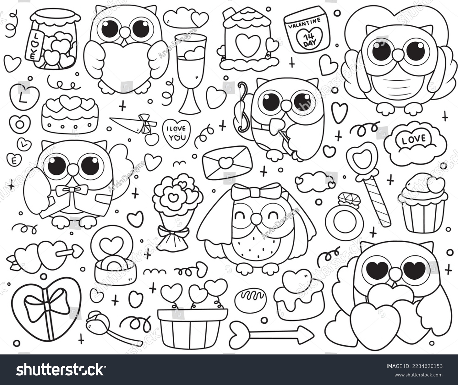 Valentines day owl coloring pages kids stock vector royalty free