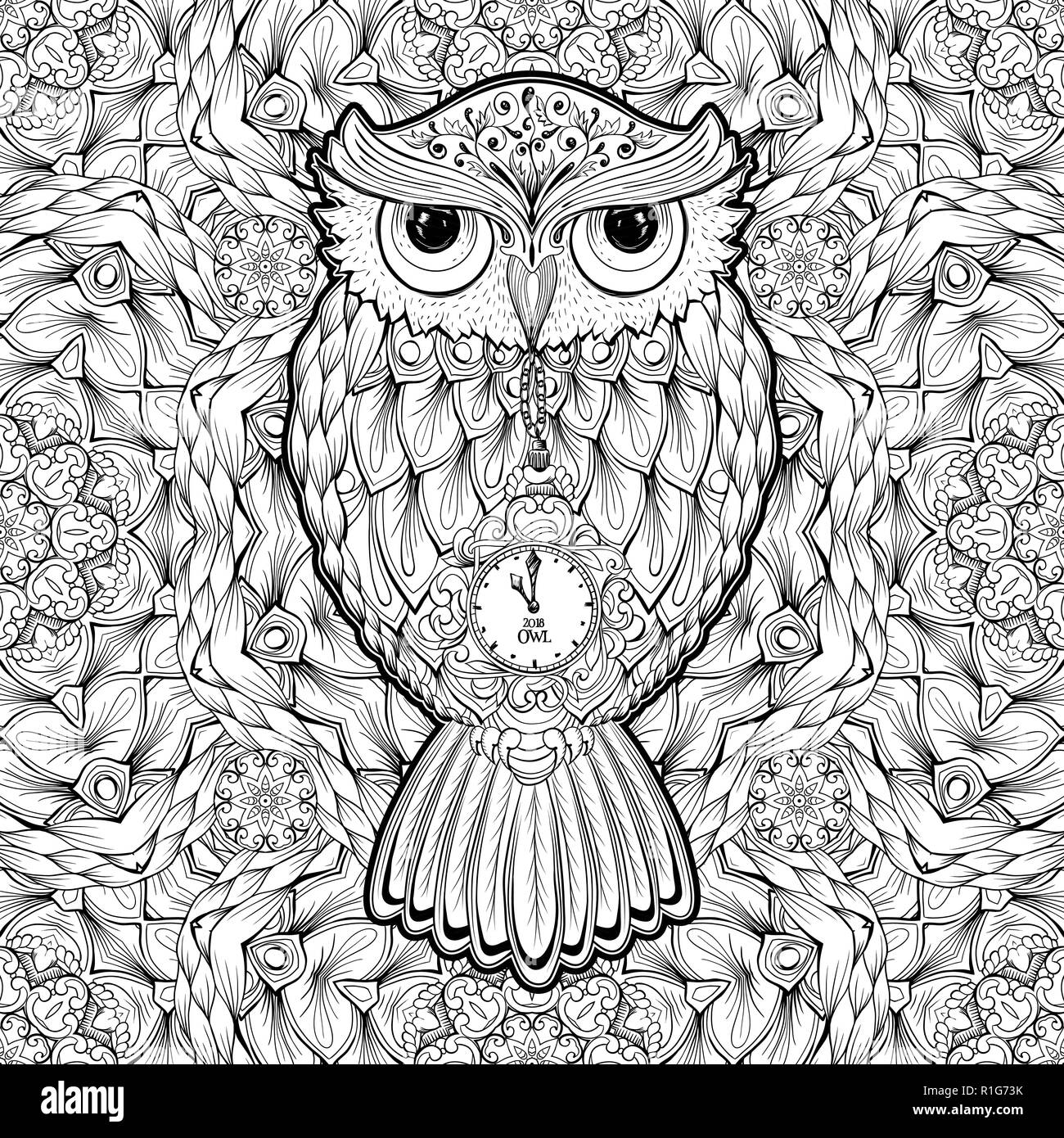 Owl coloring page or book cover vector poster design or tattoo with bird and antistress multicolored kaleidoscope seamless pattern on background for valentines day cards and hand