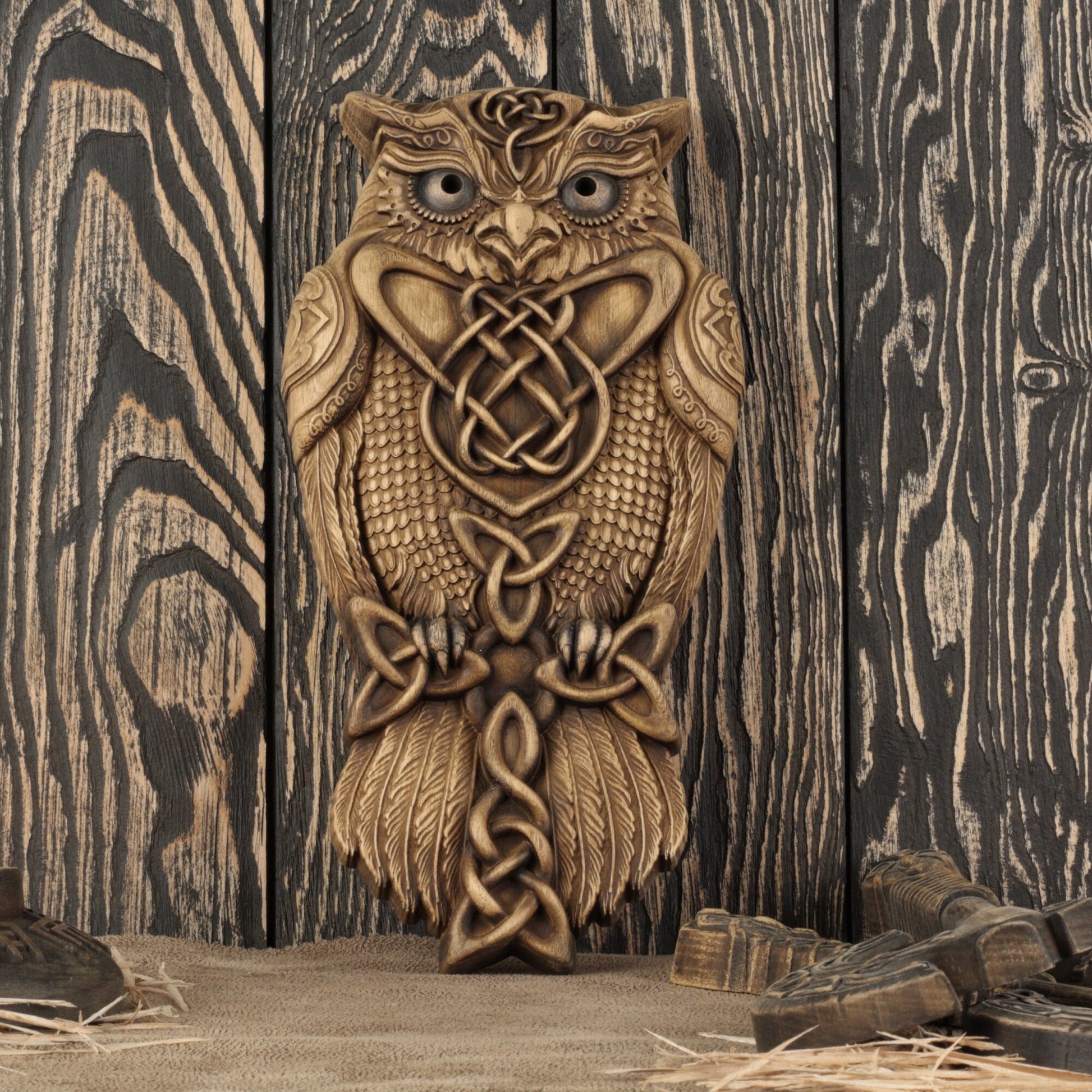 Celtic owl viking owl wall art wooden owl â art carving shop