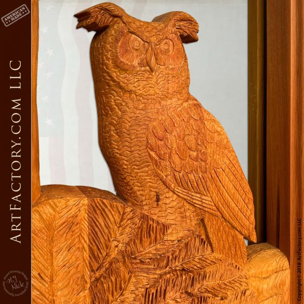 Log cabin entry door fine art hand carved perched owl oak tree scene