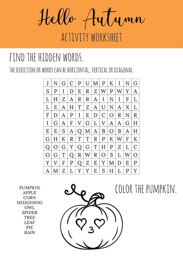 Hello autumn word search puzzle for children coloring page pumpkin crossword game stock vector