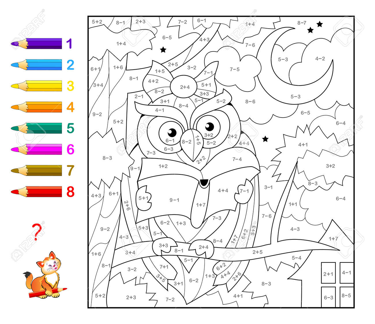 Math education for little children coloring book mathematical exercises on addition and subtraction solve examples and paint the owl developing counting skills worksheet for kids activity sheet royalty free svg cliparts vectors
