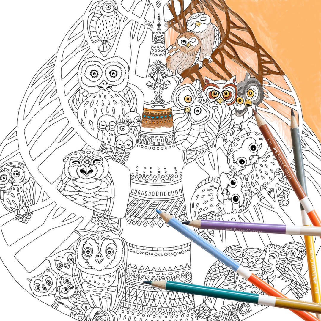 Coloring page instant download owl tree adult coloring page bird owl owlet family tree nature forest adult coloring book