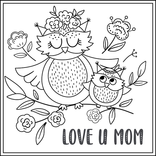Premium vector vector black and white mothers day card with cute boho birds premade design or coloring page with woodland baby owlet and mother bohemian style line poster with owl family