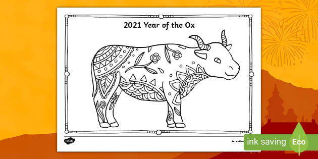 Year of the ox chinese new year mindfulness colouring page