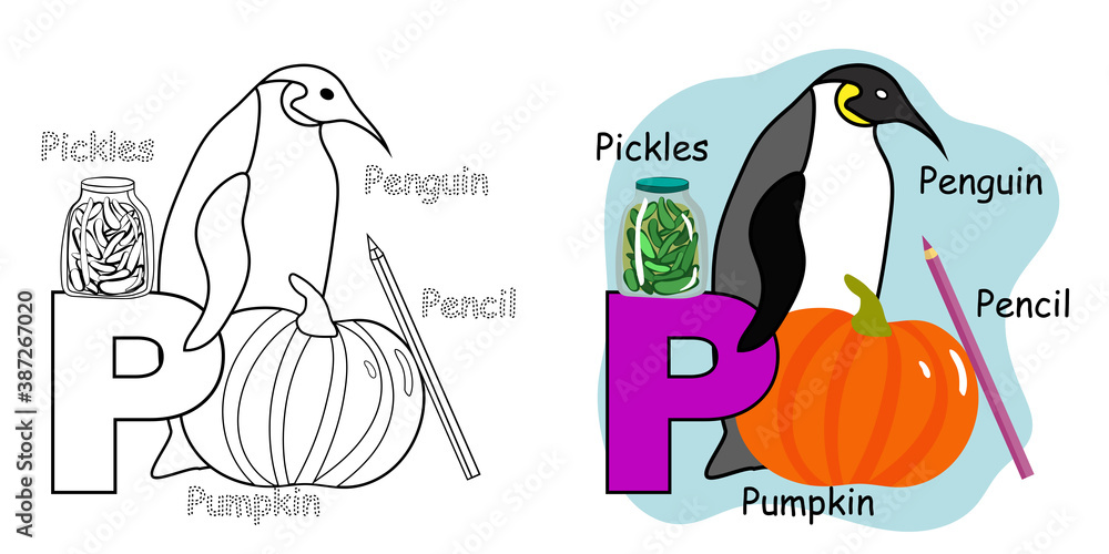 English alphabet coloring book page for children letter p is for penguin pumpkin pencil pickles vector illustration vector